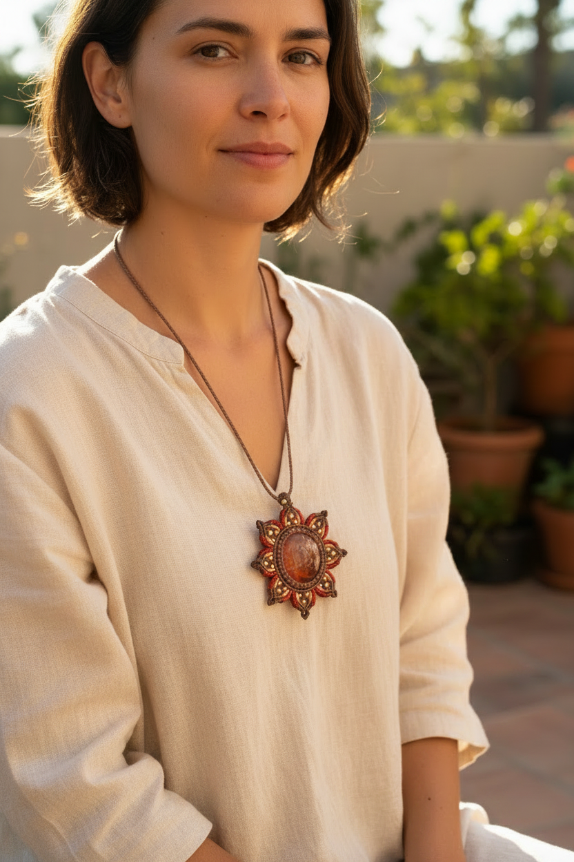 A woman wearing a cream-colored linen tunic and a long brown cord necklace with a sunflower mandala medallion decorative pendant wih Carnelian Agate and brass beads, photographed in a warm outdoor setting with blurred potted plants in the background.