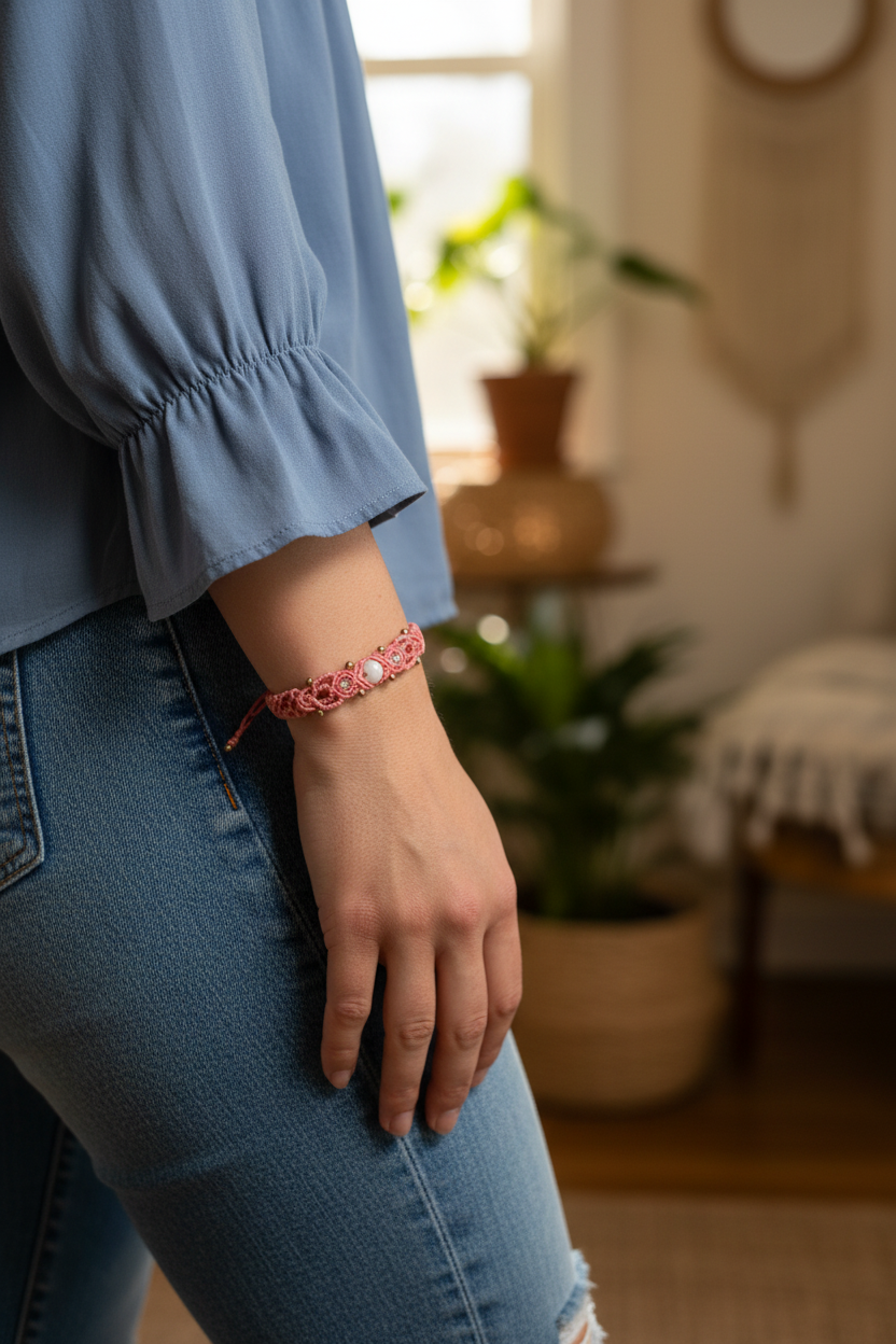 A close-up lifestyle shot of a person wearing a salmon pink macrame bracelet on their wrist, paired with a blue blouse and jeans in a softly lit, cozy room.