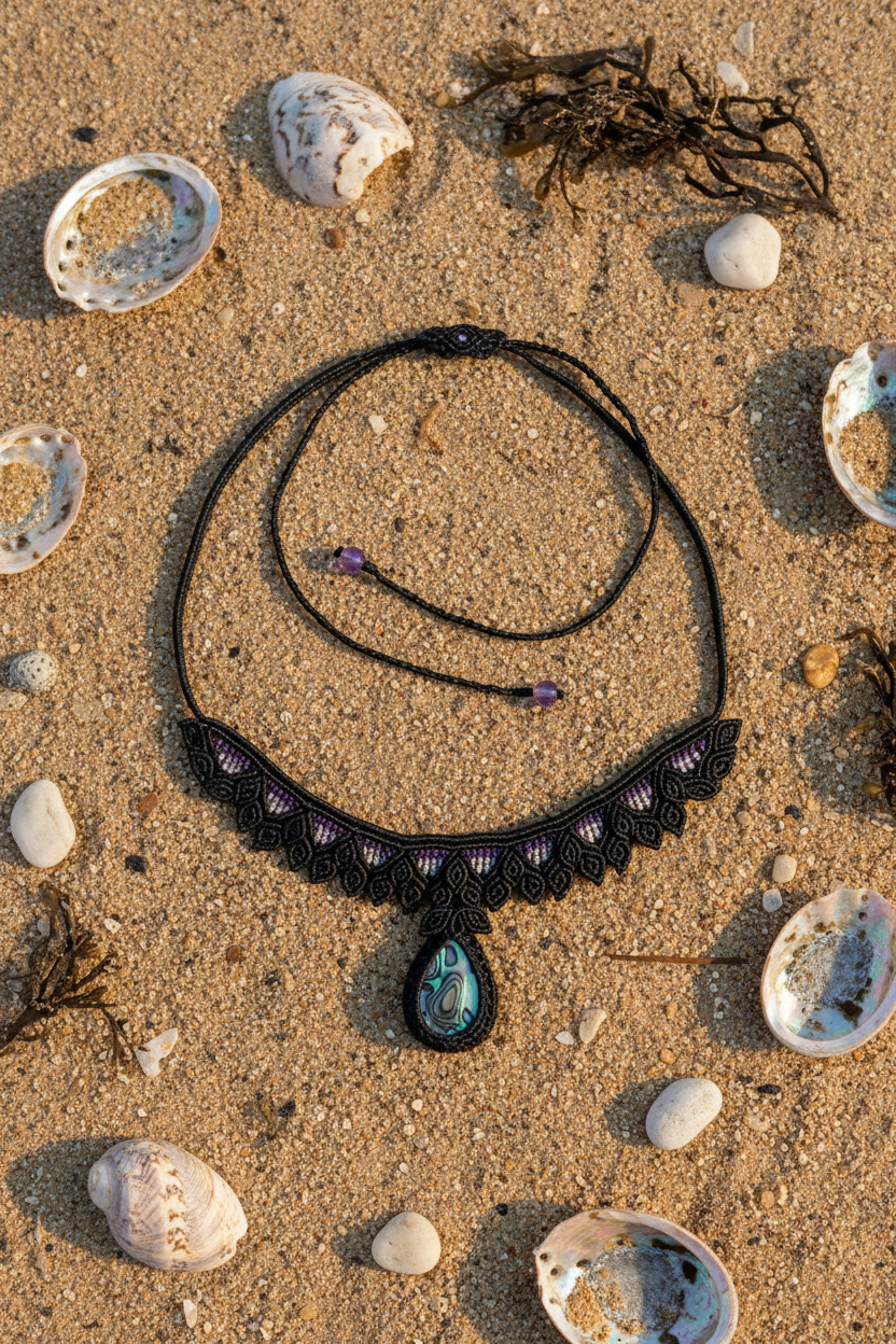 Shades of Purple - Black Macrame Necklace with Abalone