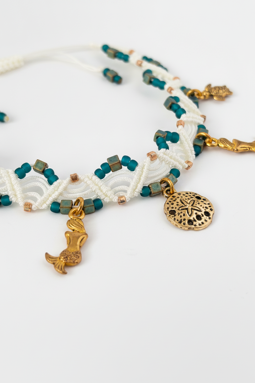A close-up of a handmade ivory macrame anklet showing the double zig-zag knotwork with teal and gold seed beads, and gold-toned mermaid, sand dollar, and turtle charms against a light background.