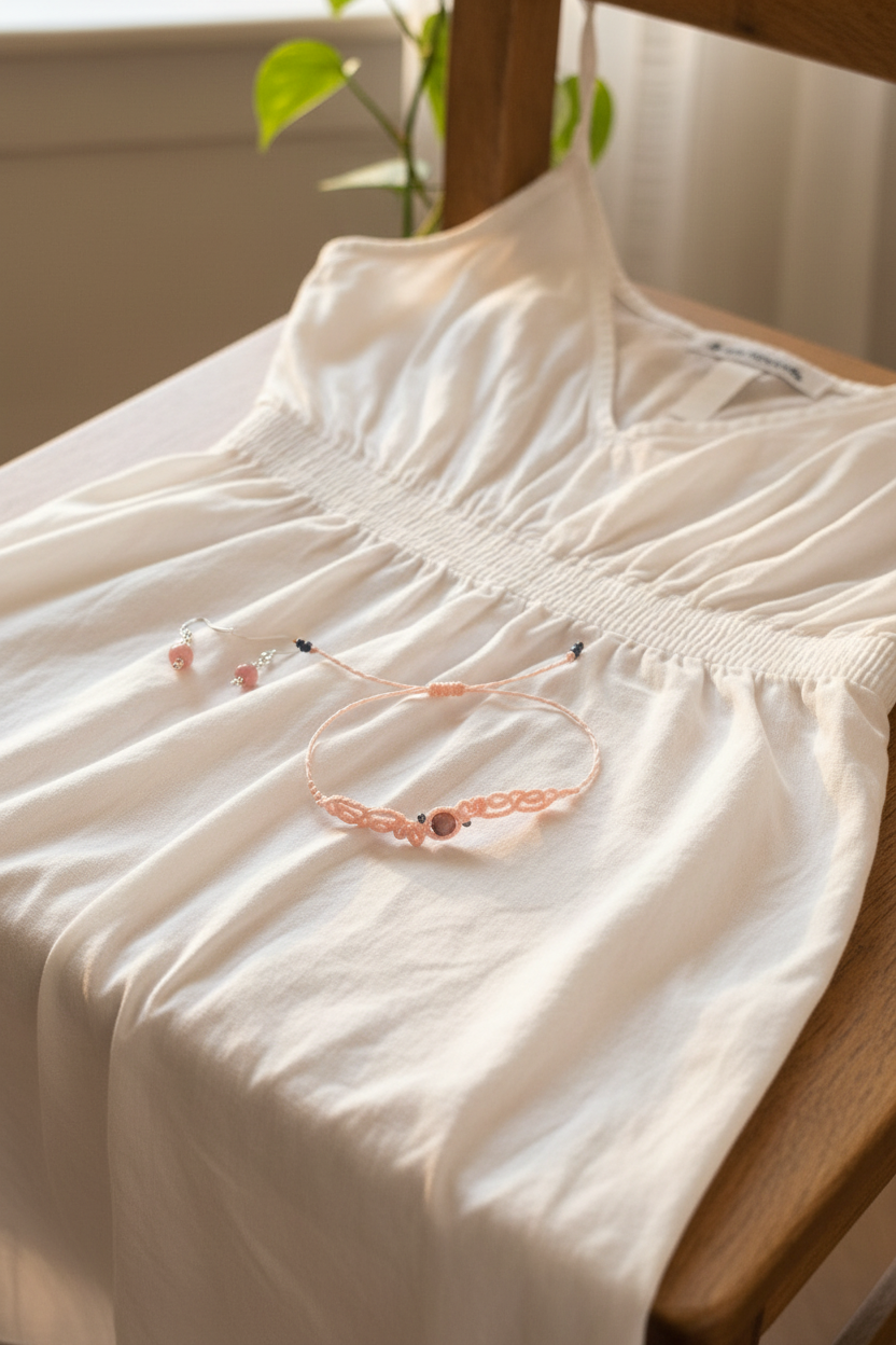 A light pink macrame bracelet is displayed on a white dress draped over a wooden chair in a softly lit indoor setting.