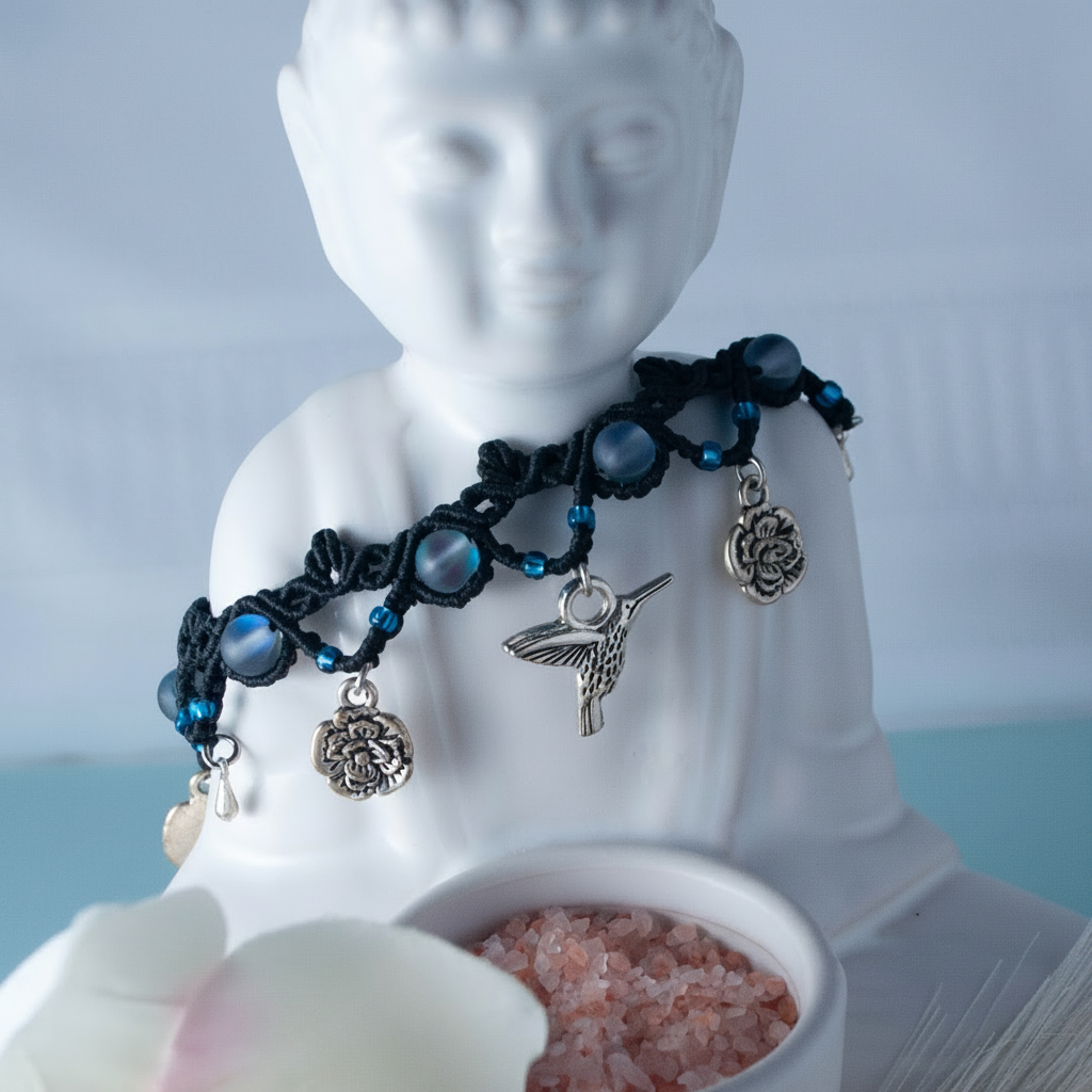 A black macrame anklet with frosted iridescent blue mermaid glass beads, silver-toned charms including a hummingbird, flower, and water drop draped around a white ceramic Buddha statue. A small bowl of pink salt is in the foreground.