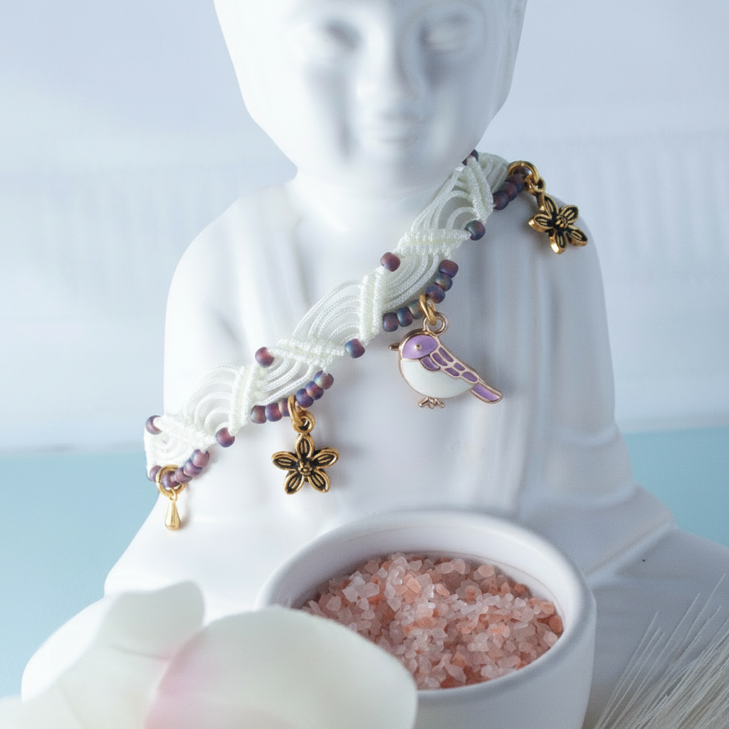 A white macrame anklet with purple beads, gold flower charms, and a purple-and-white bird charm, draped around a white ceramic Buddha figurine with a bowl of pink salt crystals in the foreground.