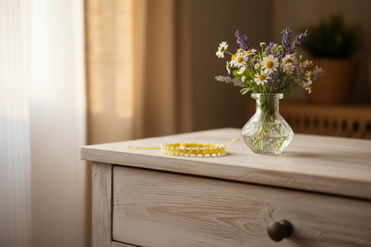 A small clear glass vase filled with a bouquet of white daisies and purple lavender sits on a light wood dresser next to a yellow beaded macrame bracelet with pearlescent white seed beads in a softly lit room.