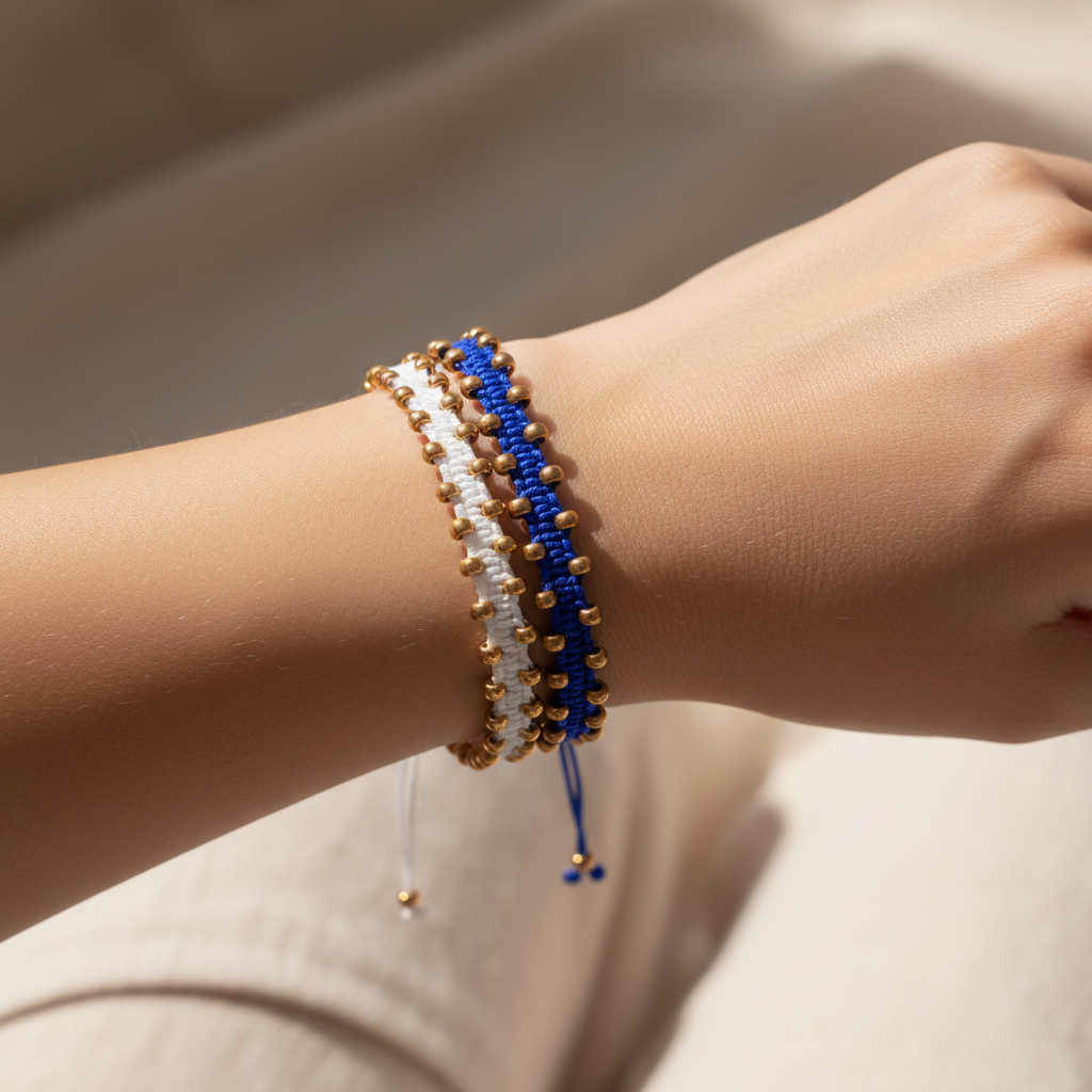 Two macrame bracelets on a person's wrist, featuring one royal blue with galvanized gold seed beads and one white with galvanized gold seed beads. Only the blue bracelet is available for purchase.