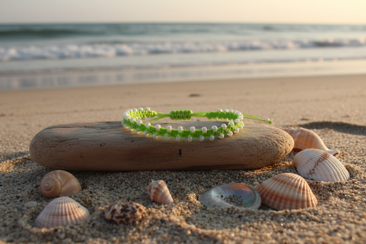 A lime green macrame bracelet or anklet with pearlescent white seed beads rests on a smooth beach stone, surrounded by seashells on sandy shore with the ocean waves in the background.