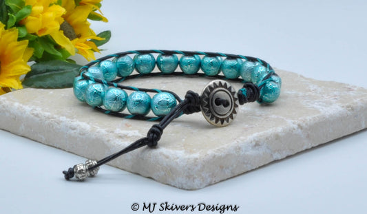 Leather and Bead Bracelet - Black with Teal Paint Splatter Bead, Size 7.25"