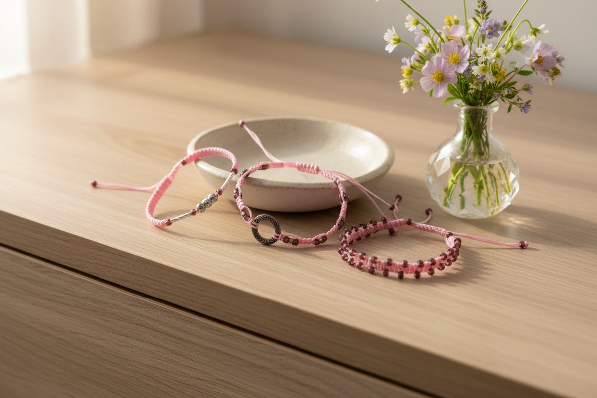 Three pink macrame bracelets with cranberry seed bead and various shaped metal beads as accents are arranged on a light wood table next to a small white ceramic dish and a glass vase with wildflowers.