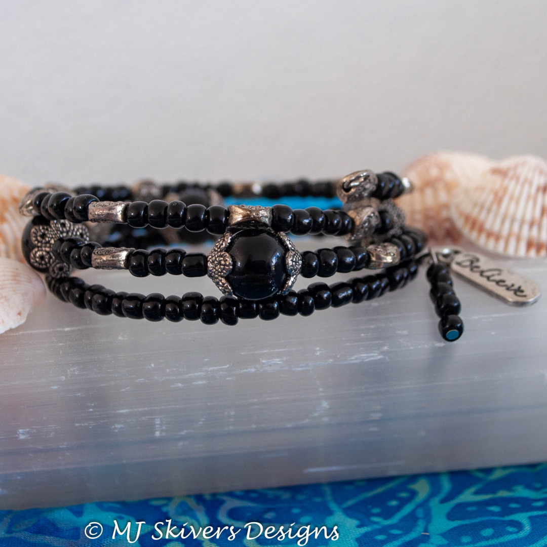 Triple Wrap Memory Wire Bracelet - Black and Silver Bead