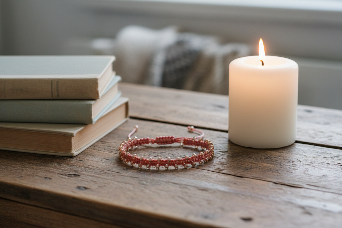 A coral macrame bracelet with clear, copper edged seed beads rests on a rustic wooden table next to a lit white pillar candle and a stack of books.