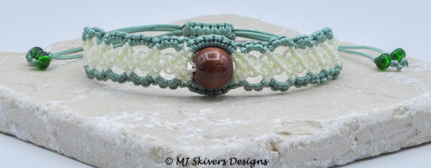 Wavy Herringbone Micro Macrame Bracelet - Ivory and Teal