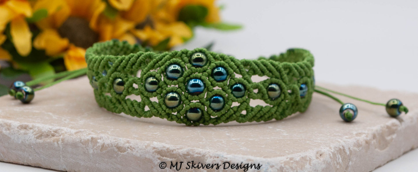 Macrame Beaded Cuff Bracelet - Green