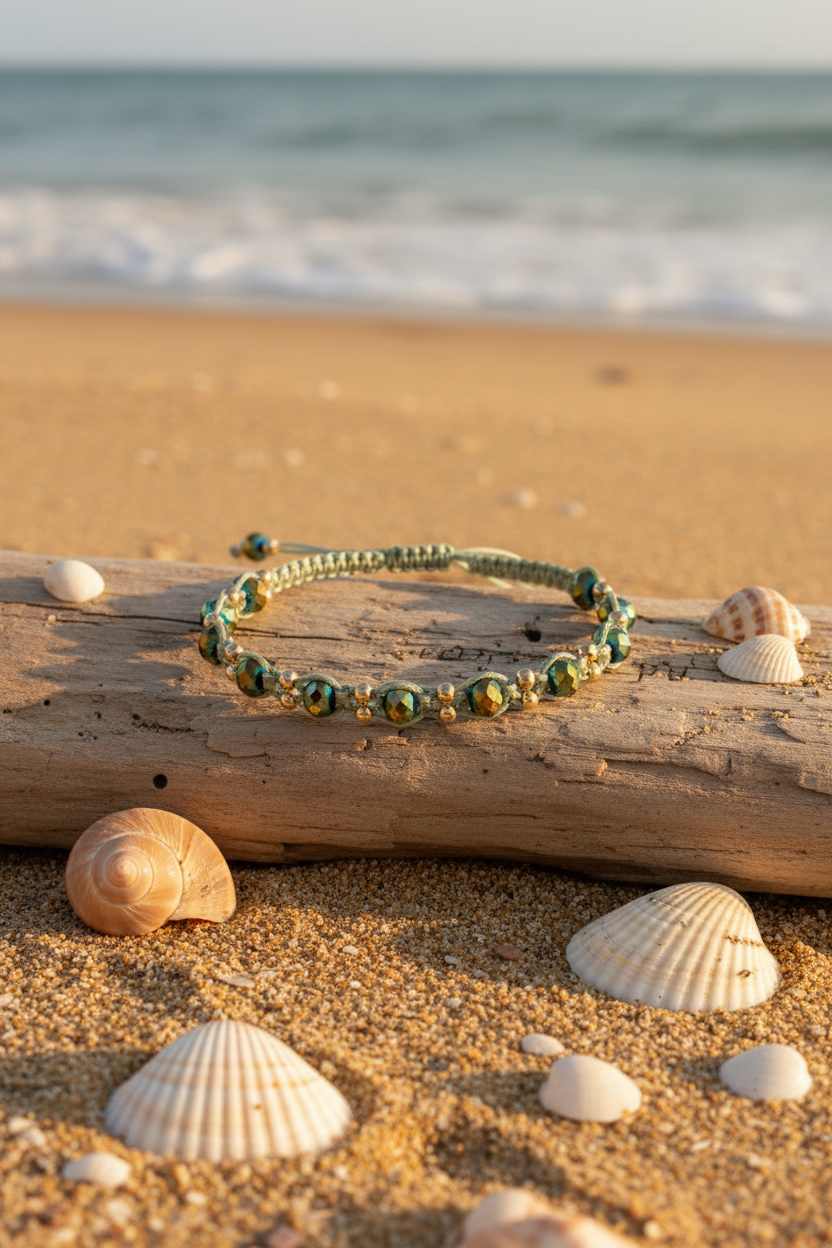 A handmade macrame bracelet in sage green nylon macrame cord with 12 faceted green AB crystal rondelle beads and brass accent beads, resting on a piece of driftwood surrounded by seashells on a sandy beach at golden hour with ocean waves in the background