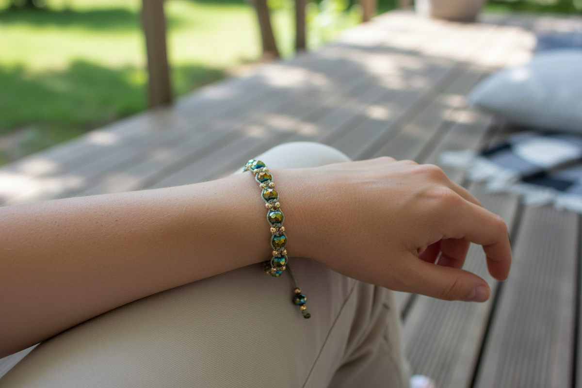 A handmade macrame bracelet in sage green nylon macrame cord with 12 faceted green AB crystal rondelle beads flashing green-gold and brass accent beads, worn on a wrist resting on a wooden deck railing in a sunny outdoor garden setting