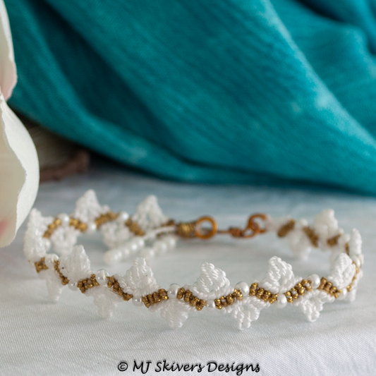 White Macrame Leaf Bracelet with Gold Accent