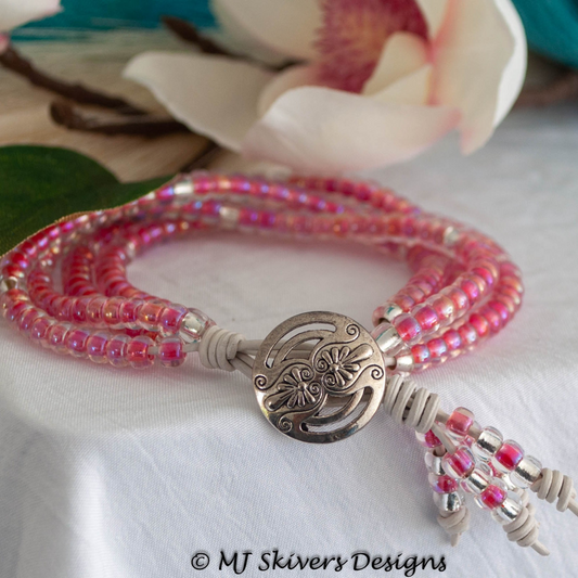 Red AB and Silver 6/0 Seed Bead 4-strand Leather Bracelet
