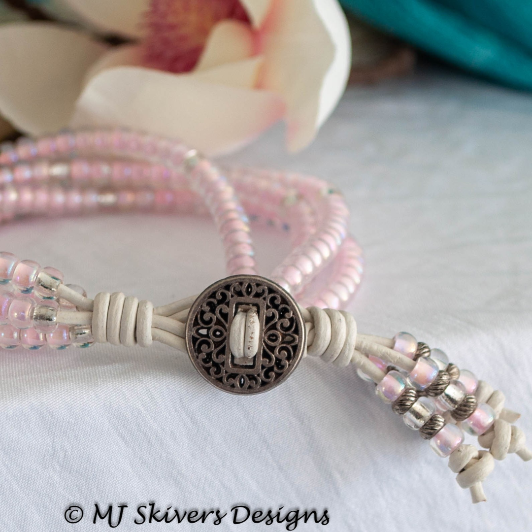 Pink and Silver 6/0 Seed Bead 4-strand Leather Bracelet