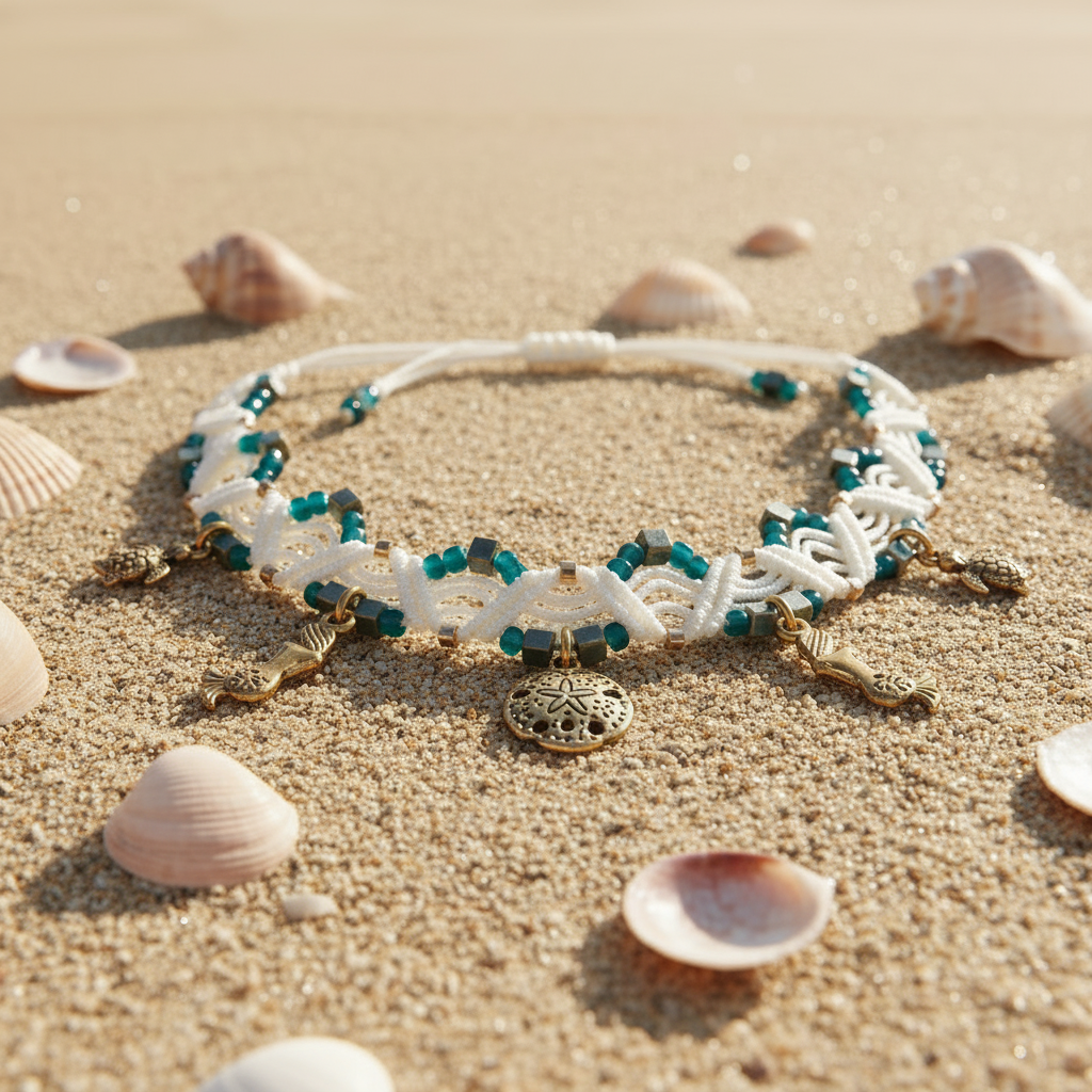 A handmade ivory macrame anklet with teal and gold seed beads and gold-toned mermaid, sand dollar, and turtle charms, displayed on sandy beach surrounded by seashells in natural sunlight