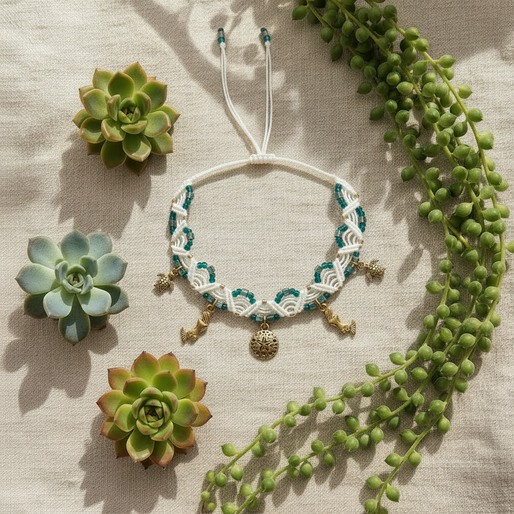 A handmade ivory macrame anklet with teal and gold seed beads and gold-toned ocean charms, laid flat on beige linen fabric surrounded by green succulents and trailing plants, with the slide closure visible at the top.