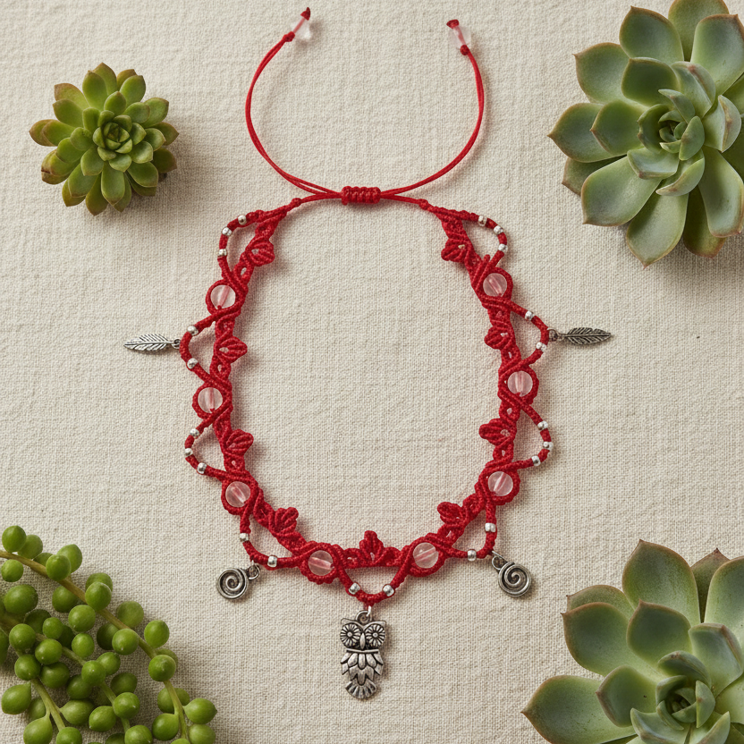 A handmade red macrame anklet with frosted clear mermaid glass beads and silver-tone owl, swirl, and feather charms, laid flat in a circle on cream linen fabric surrounded by green succulents.