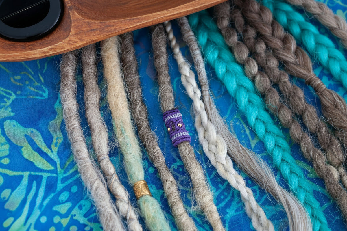 Close-up of several braided and twisted hair extensions or dreadlock cords in natural gray, white, turquoise, brown, and purple, laid on a bright blue patterned fabric. A purple and lavender dread bead accent and a gold ring are visible on some strands. Only the dread bead is for purchase.