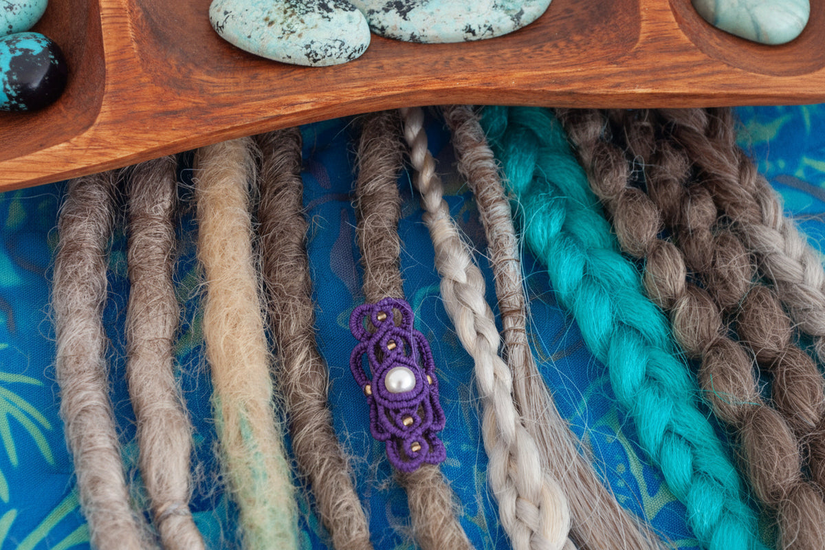 A close-up of a handmade purple macrame dreadlock bead with lattice knotwork, a natural shell pearl, and gold seed beads, worn on a natural dreadlock alongside various loc styles on a blue batik fabric surface beneath a wooden crystal tray. Only the purple lattice dreadlock bead is for purchase.