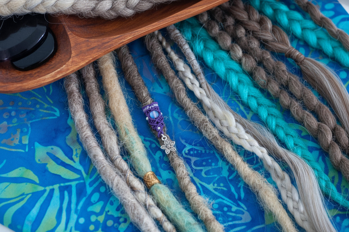 A close-up of a handmade two-tone purple and lavender macrame dreadlock bead with a shimmering mermaid glass bead and silver-tone flower charm, worn on a natural dreadlock alongside other loc styles on a blue batik fabric surface. Only the dreadlock bead is for purchase.