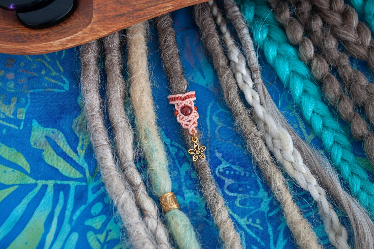 A close-up of a handmade two-tone coral and rust macrame dreadlock bead with a deep red carnelian bead and a dangling brass flower charm, worn on a natural dreadlock alongside various loc styles on a blue batik fabric surface beneath a wooden crystal tray. Only the coral and rust dreadlock bead is for purchase.
