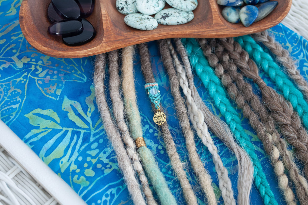 A close-up of a handmade two-tone teal and peach macrame dreadlock bead with a shimmering mermaid glass bead and brass sand dollar charm, worn on natural dreadlocks alongside a wooden tray of crystals and stones on a blue batik fabric surface. Only the dreadlock bead is for purchase.