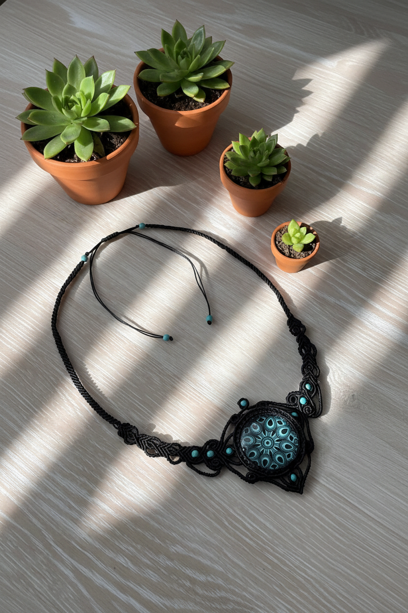 A bohemian-style macrame necklace with a circular mandala pendant, laid out on a light wood surface under natural window shadows.