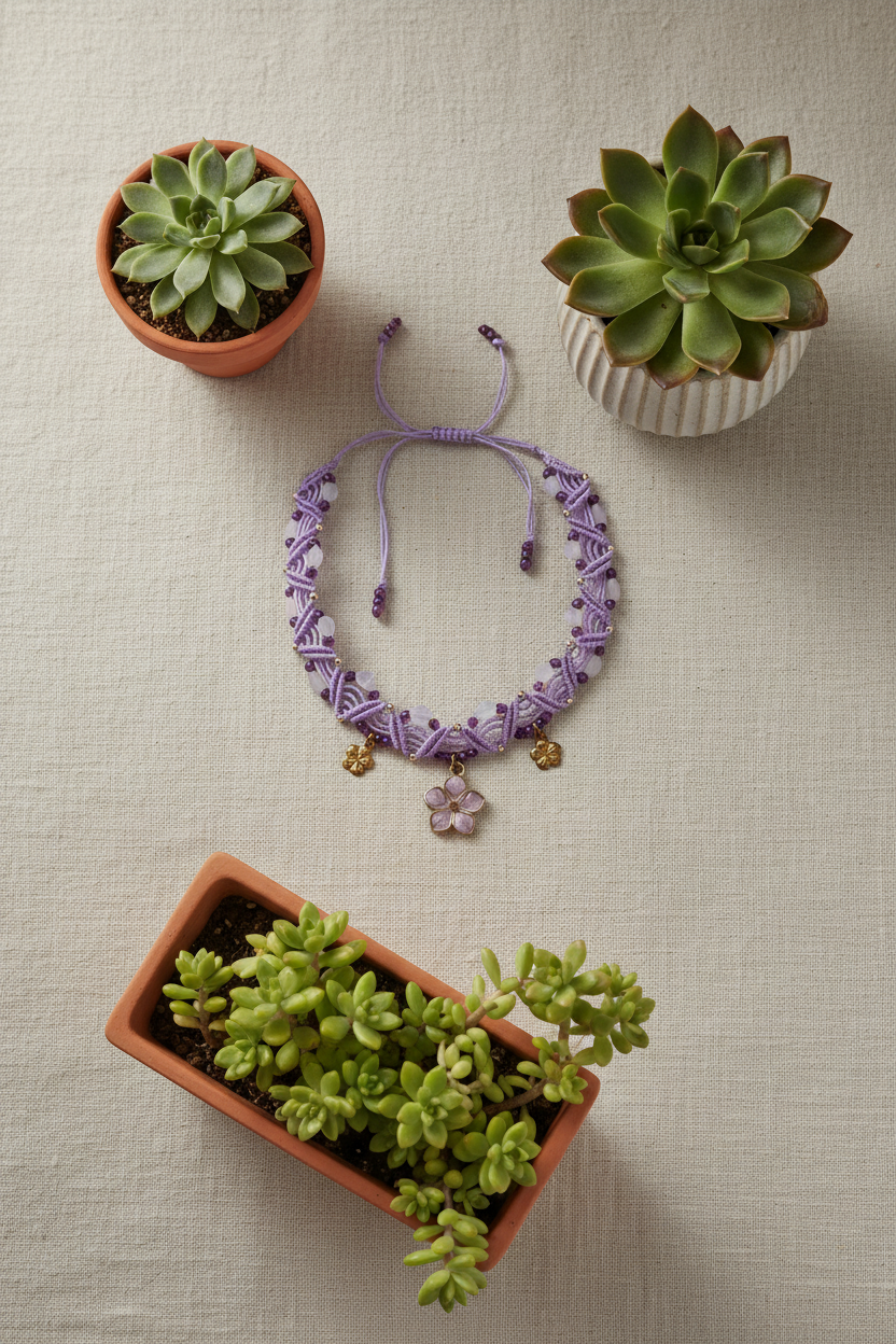 A handmade macrame-style anklet in lavender purple cord with small gold beads, a central lavender flower charm, and two gold flower charms, displayed on a neutral light gray background.