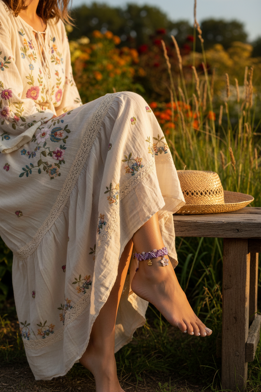 A woman seated outdoors on a wooden bench in a sunlit field, wearing a cream boho floral maxi dress with embroidered details and lace trim. A woven straw hat rests on the bench beside her bare foot, which has a purple anklet.