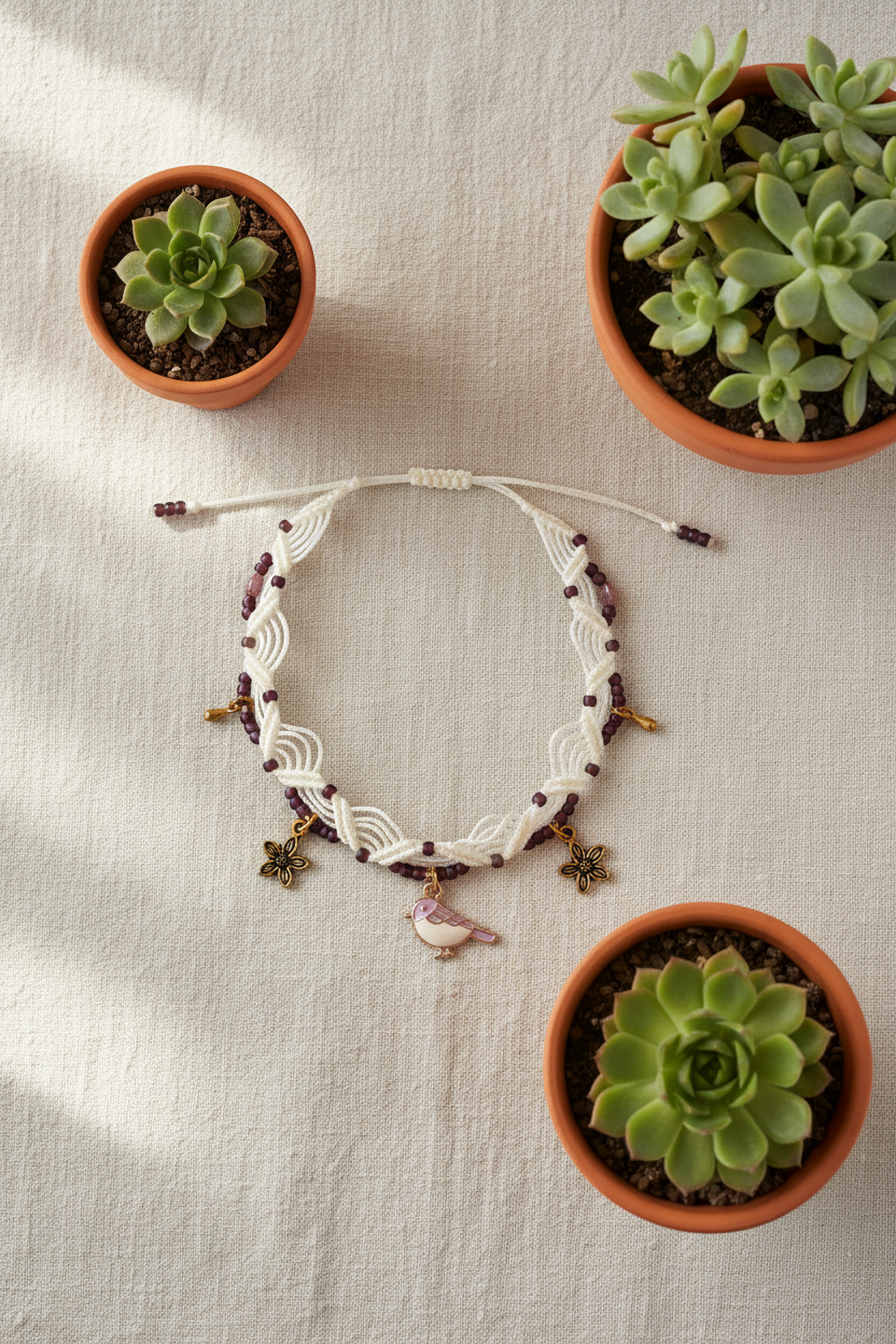 A bohemian-style beaded macrame anklet with white woven cord, purple beads, and small hanging charms, styled in a flat lay on a textured cream fabric with three small potted succulents.