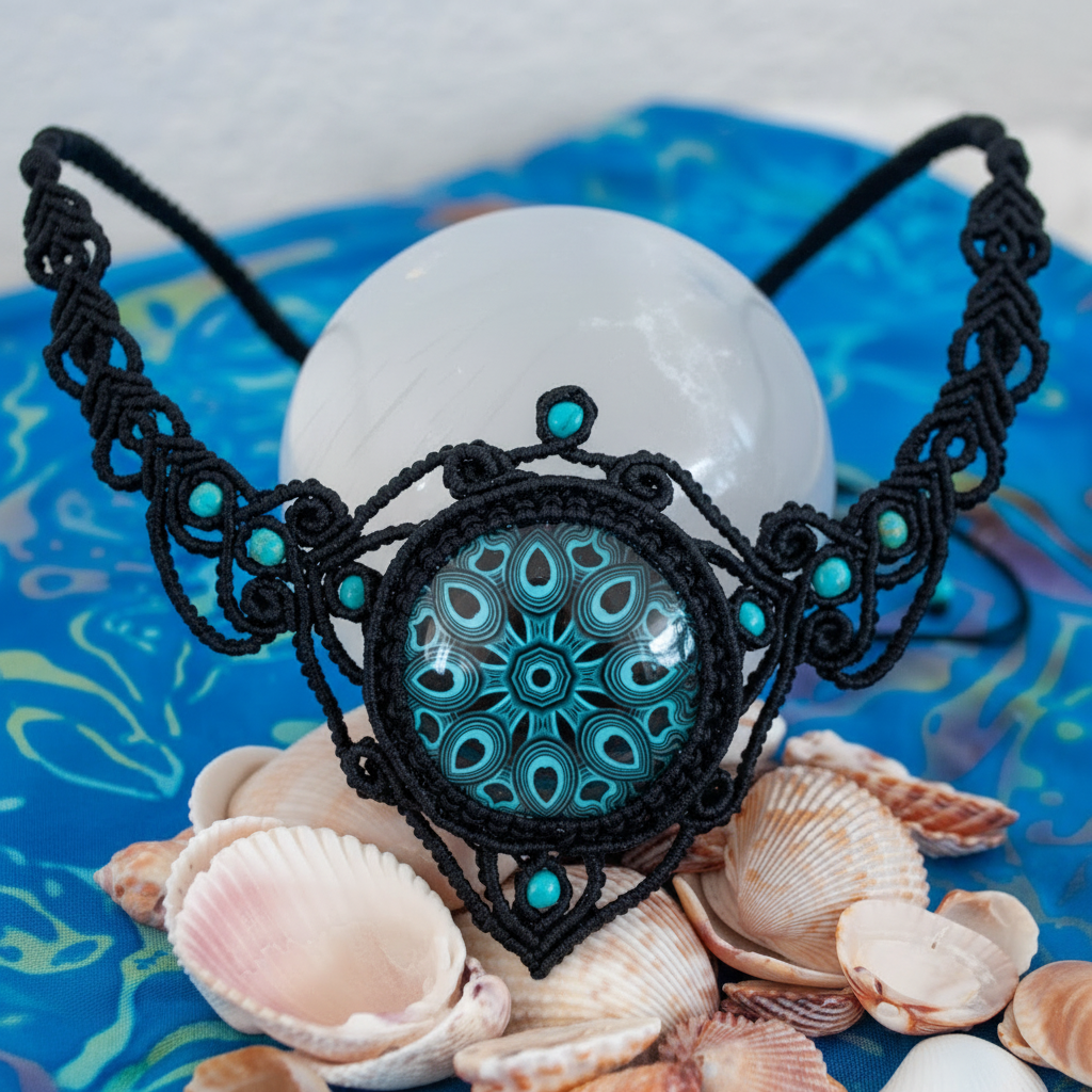 A handmade black macrame necklace with a central round glass medallion featuring a turquoise and black mandala pattern, displayed on a bed of seashells over a blue patterned surface.
