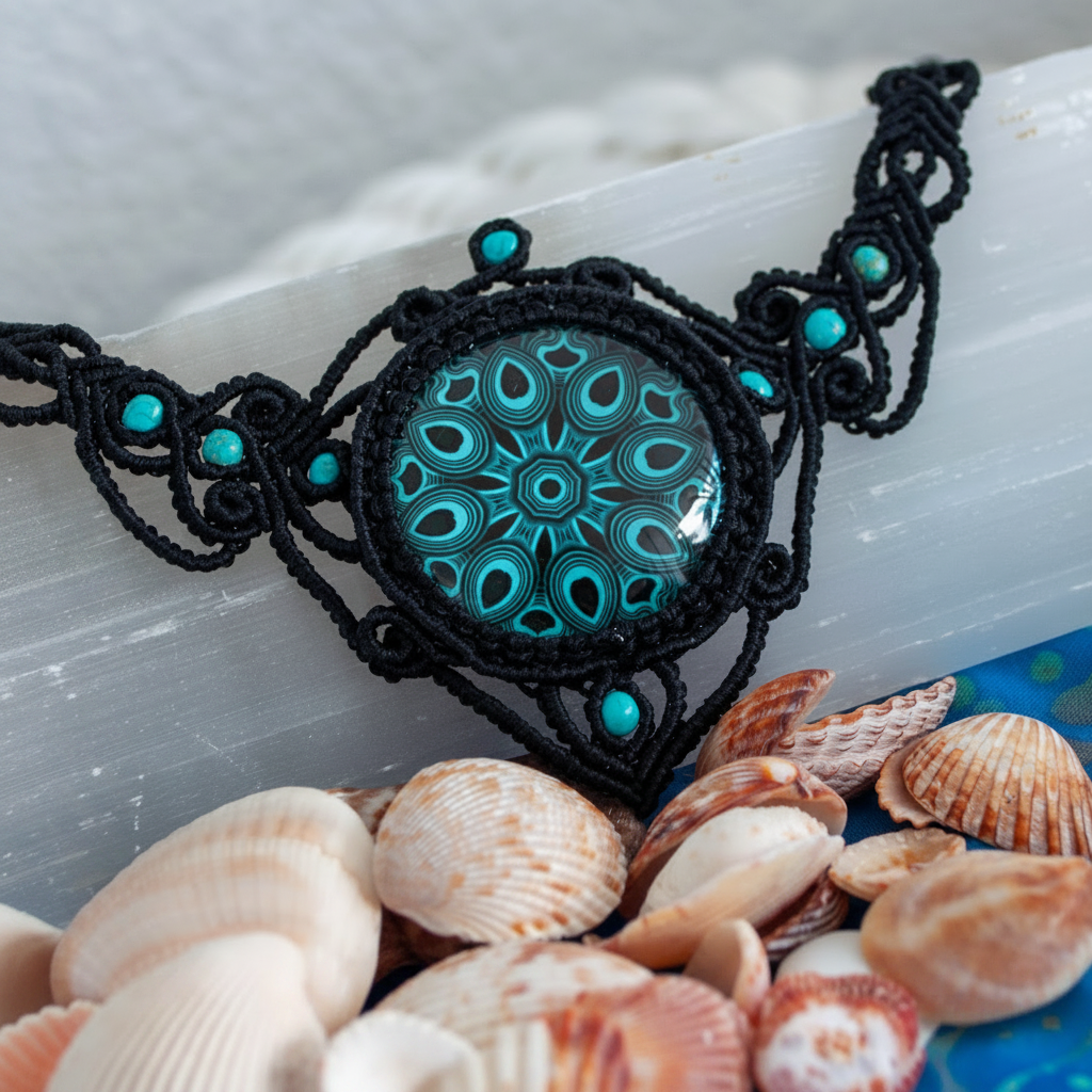 A black macrame bracelet with a central turquoise and black mandala-patterned cabochon, displayed on a white selenite bar over a bed of seashells.