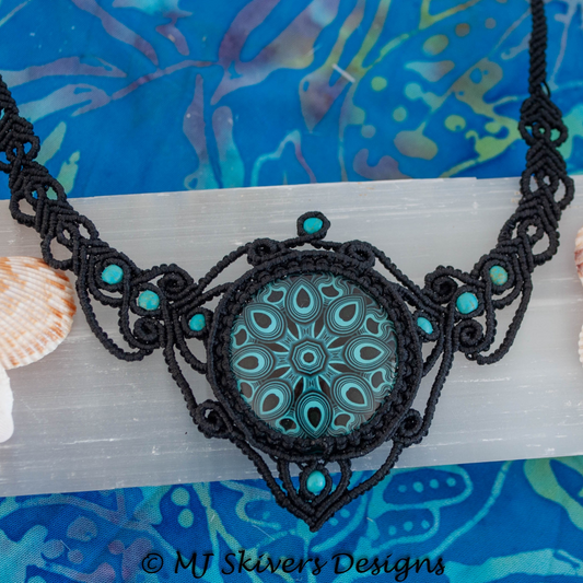 Macrame Necklace - Teal Glass Mandala