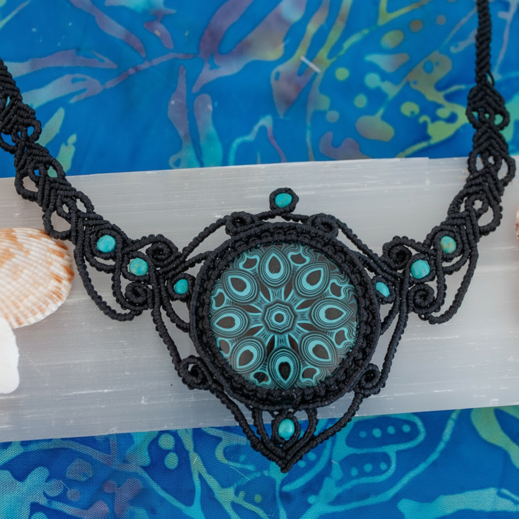 A handmade macrame necklace with a central round pendant featuring a turquoise and black mandala pattern, displayed on a white crystal block with seashells against a blue patterned background.
