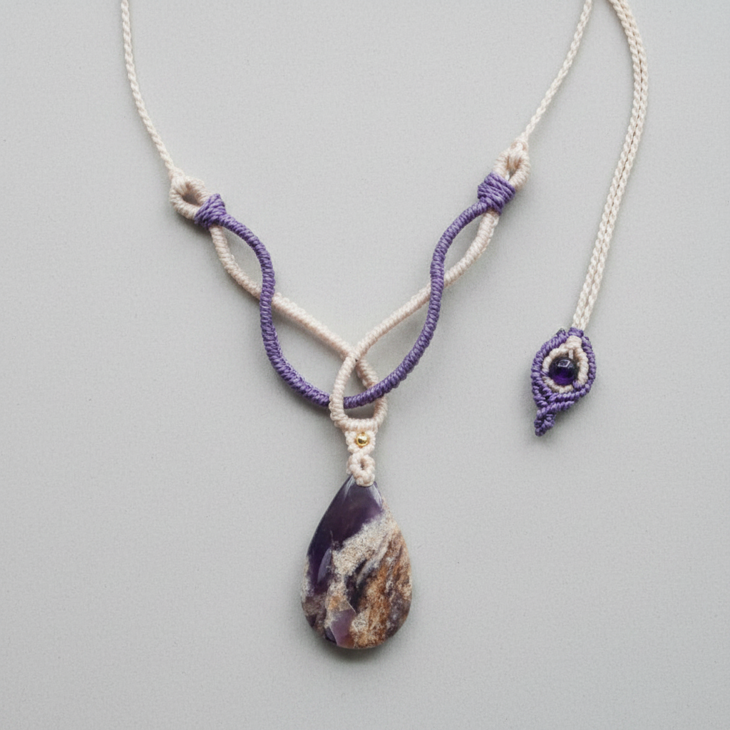 Flat lay of a handcrafted amethyst macrame intertwined necklace on a light gray background, showing the ivory and purple two-tone knotted design, teardrop amethyst pendant, and small macrame charm on the adjustable cord end.