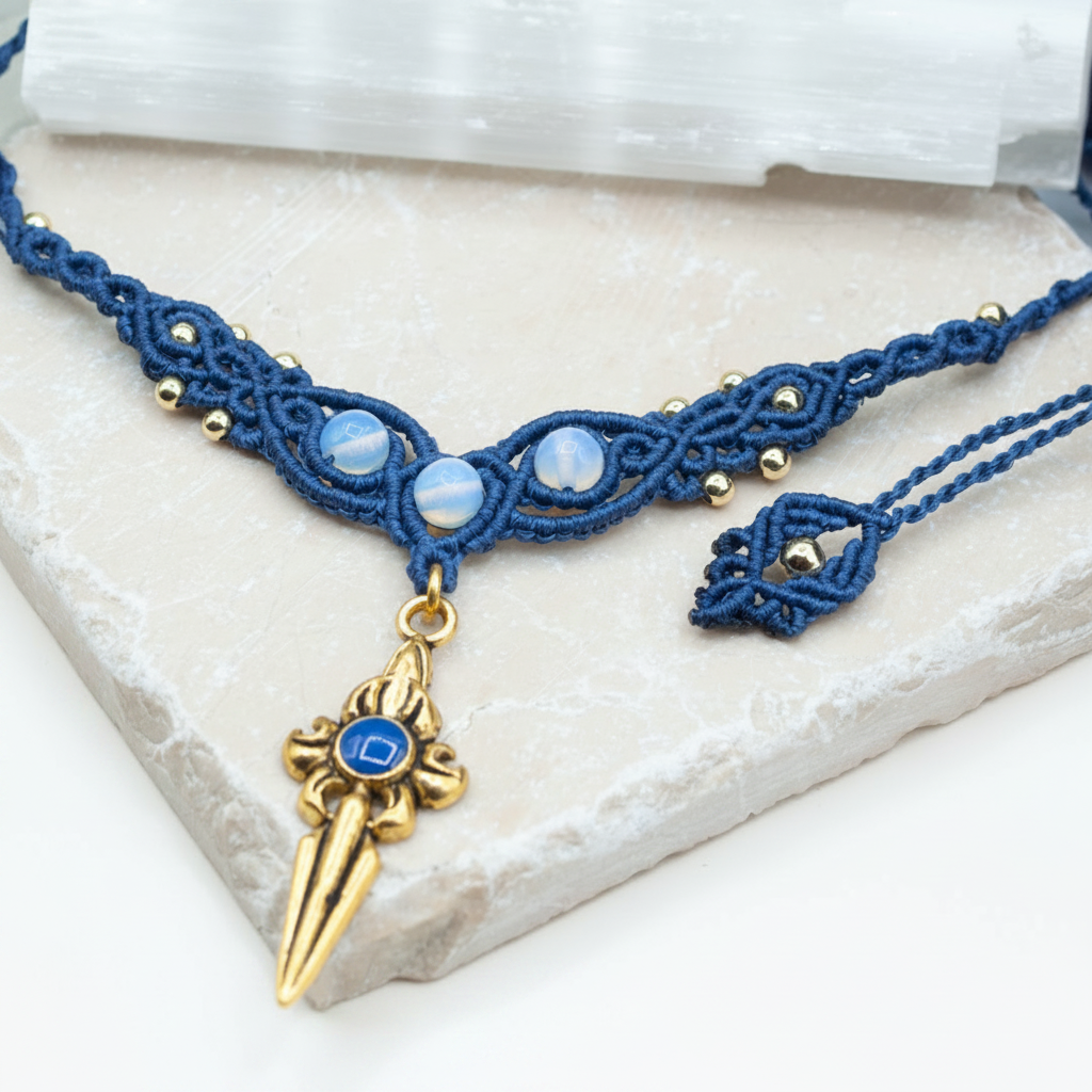 A deep blue macrame necklace with a brass dagger pendant, Opalite beads, and small brass beads, displayed on a light stone slab.