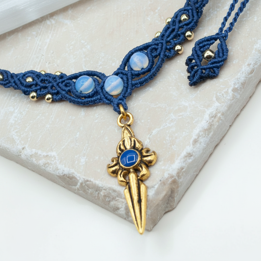 A close-up of a handmade macrame necklace in deep blue, featuring three round iridescent Opalite stones, small brass beads, and a dangling brass dagger charm with a blue center, displayed on a light stone slab.