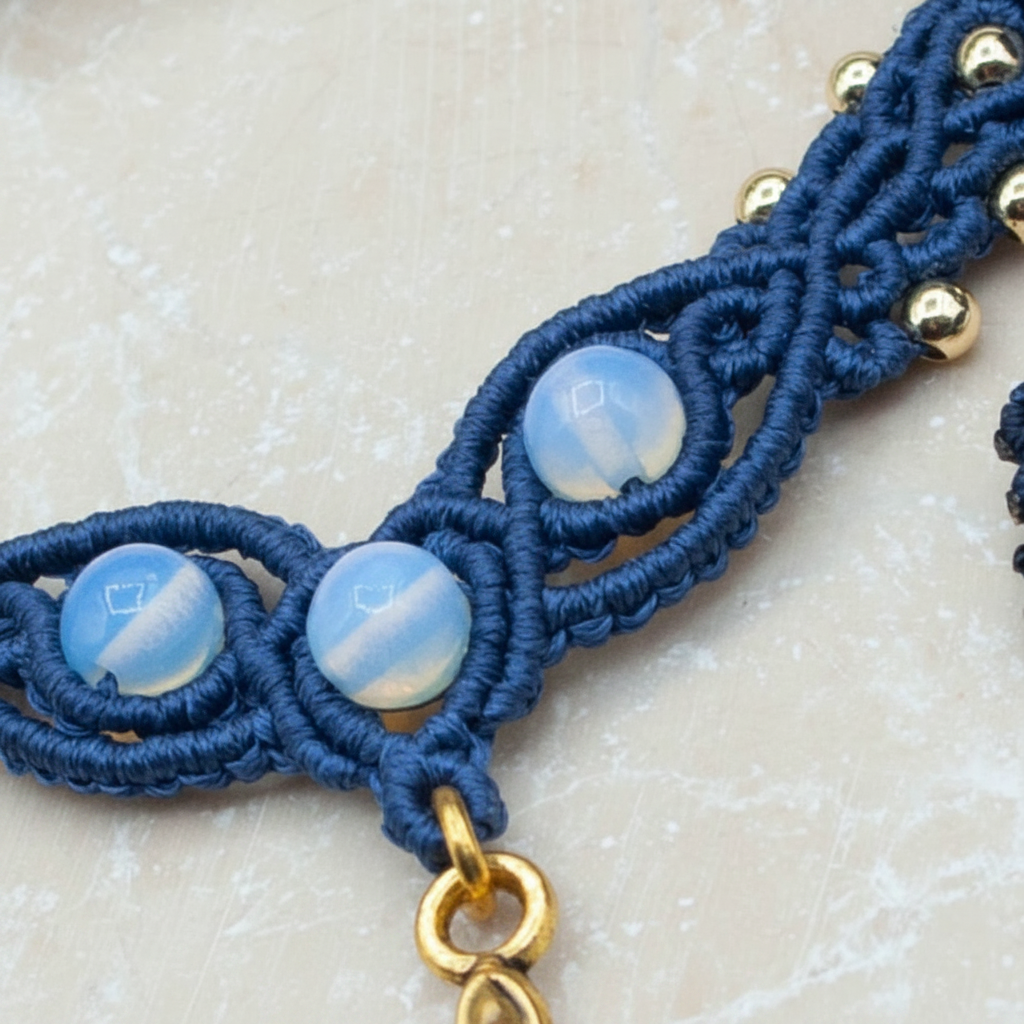 A close-up of a handmade macrame necklace featuring three round Opalite beads, round brass spacers, and a gold-toned ring clasp, set against a light beige stone background.