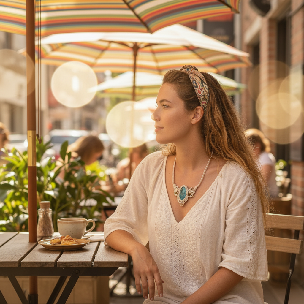 A woman wearing a white textured V-neck top and a Blue Apatite statement necklace sits at an outdoor cafe table under striped umbrellas.