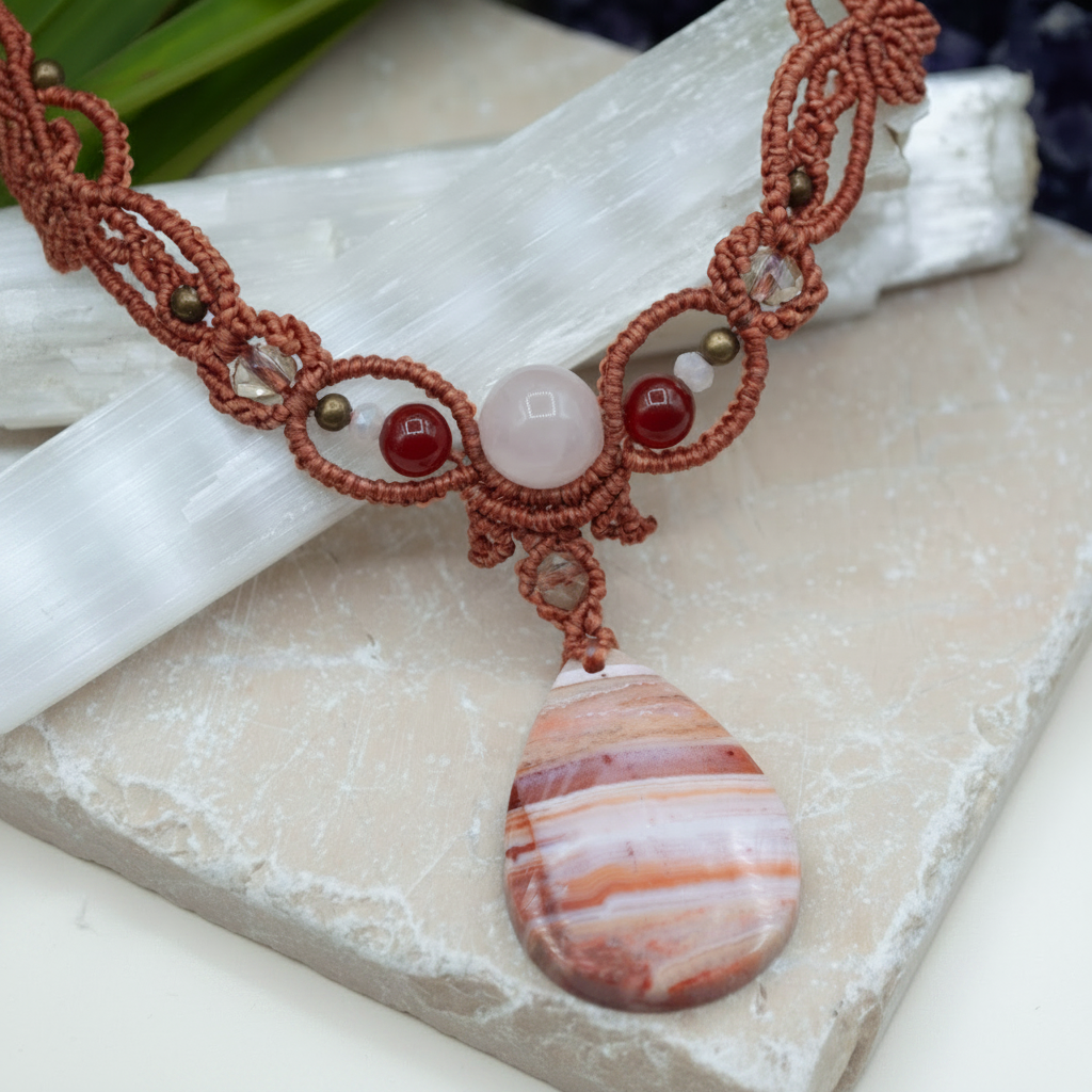 A handmade macrame necklace with a teardrop-shaped agate pendant, displayed on a white selenite crystal. The necklace features rust-colored cord, a large pale pink bead, two small red beads, and tiny bronze beads, with a polished agate pendant showing pink, orange, and white banding.