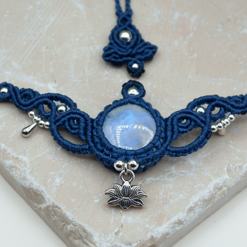A navy blue macrame necklace with a central iridescent moonstone and silver-toned lotus charm, displayed on a light beige stone surface.