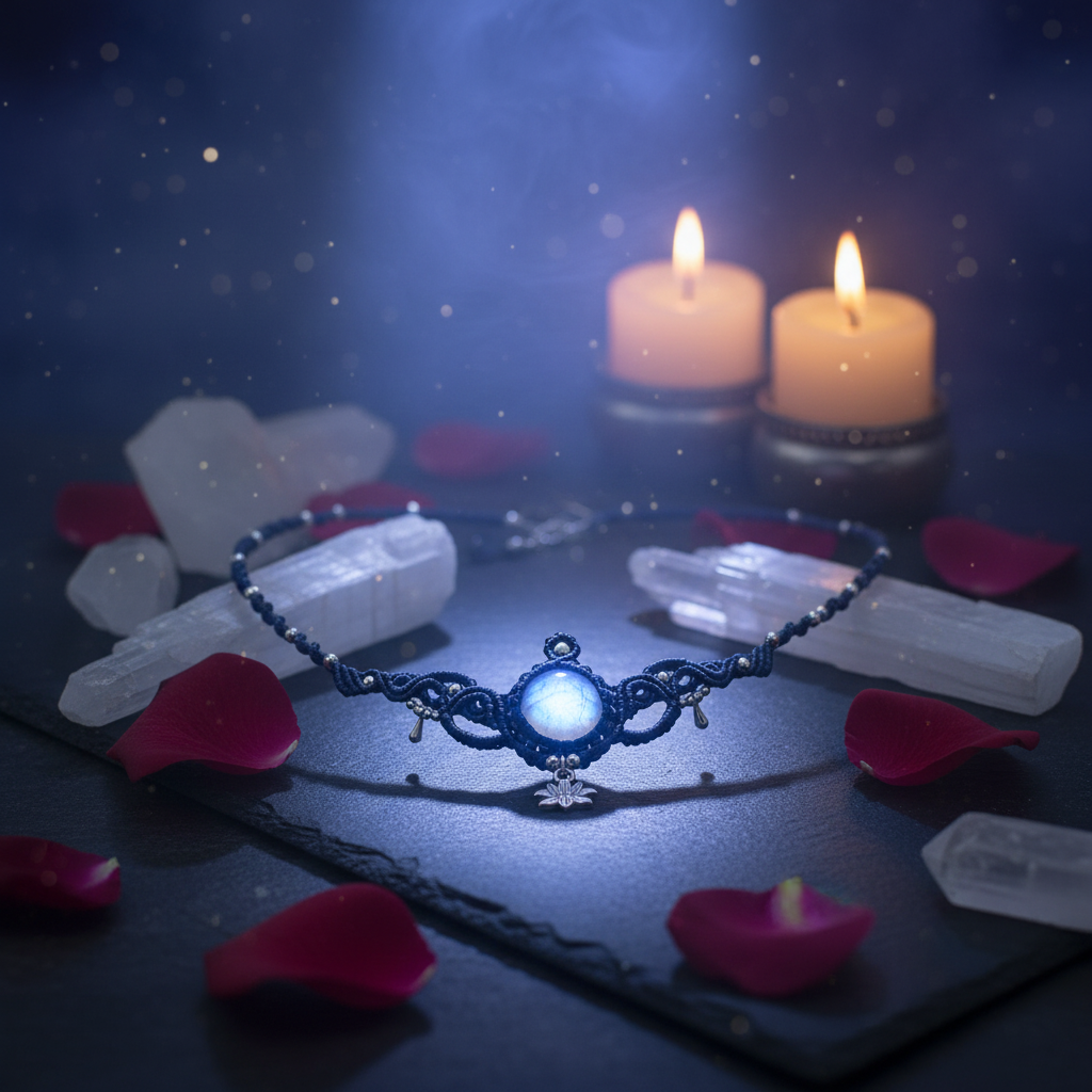 A dark bohemian-style necklace with a glowing moonstone, styled on a slate tray with white crystals, pink rose petals, and two burning candles in the background.