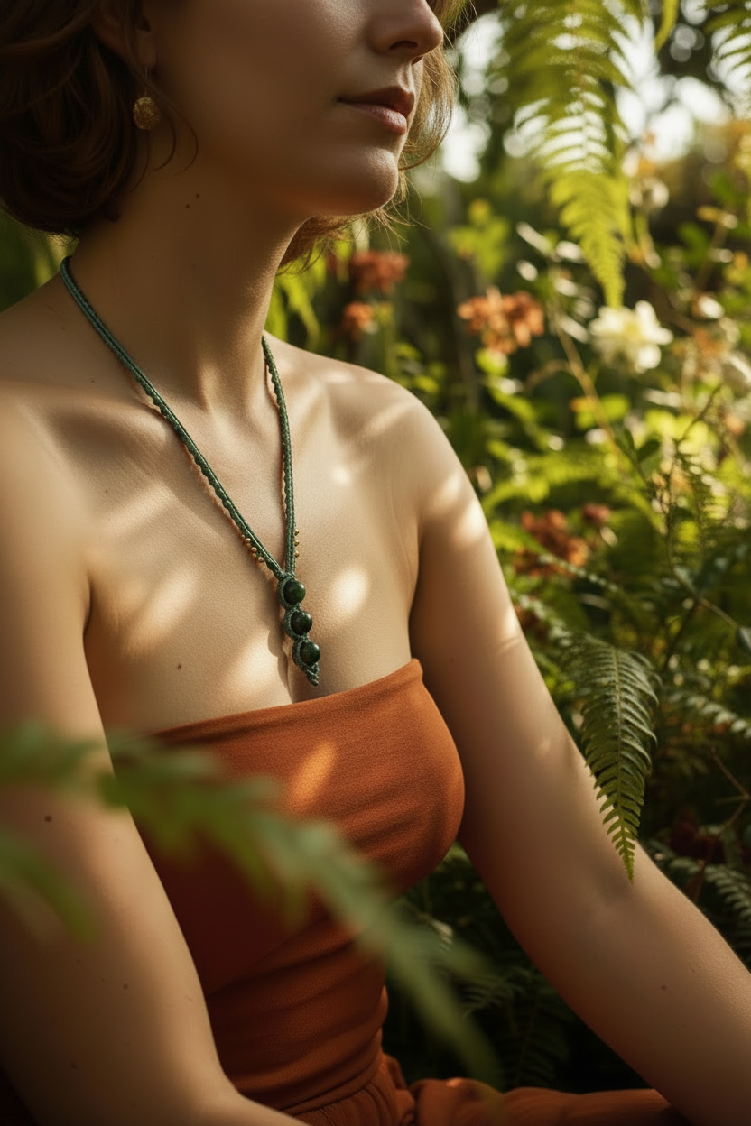 A woman in a rust-orange strapless dress wearing a dark green beaded necklace with a central bead cluster, posed in front of a lush green garden background.