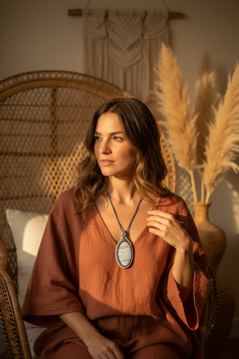 A woman with long brown hair sits in a rattan chair wearing a rust-brown loose dress and a macrame pendant necklace with a blue and hite stone. The background features warm boho decor, including a macrame wall hanging and dried pampas grass in a vase.