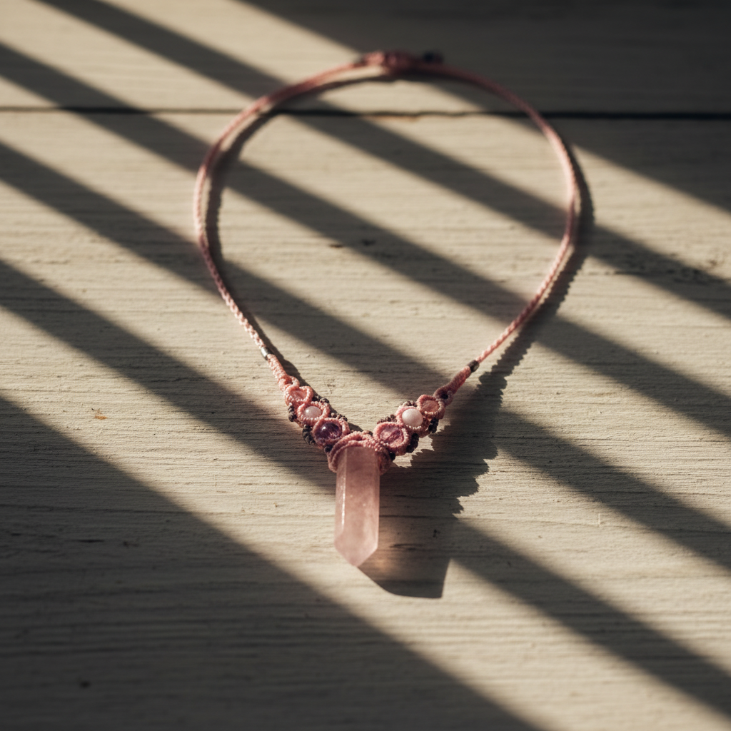 A delicate pink macrame necklace with a crystal pendant, laid out on a light wooden surface with dramatic diagonal shadows.