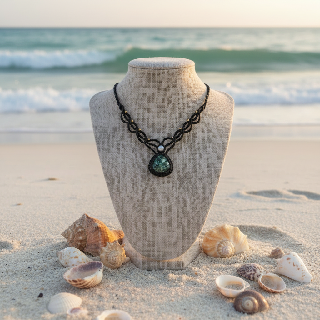 A black macrame-style necklace with a riangle-shaped green stone pendant and small gold bead accents, displayed on a linen jewelry bust against a beach setting background.