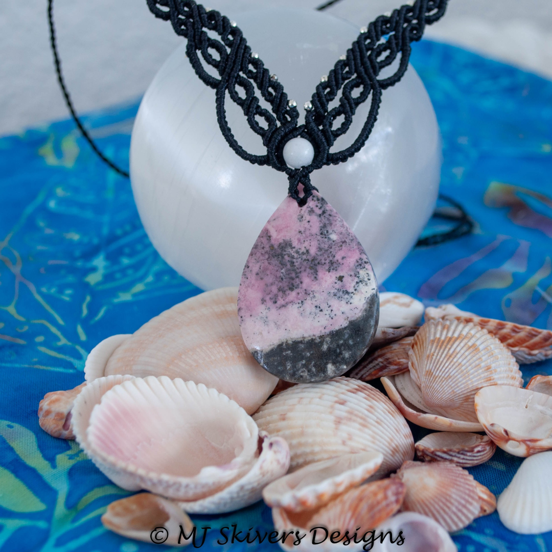 Macrame Drop Necklace - Rhodonite